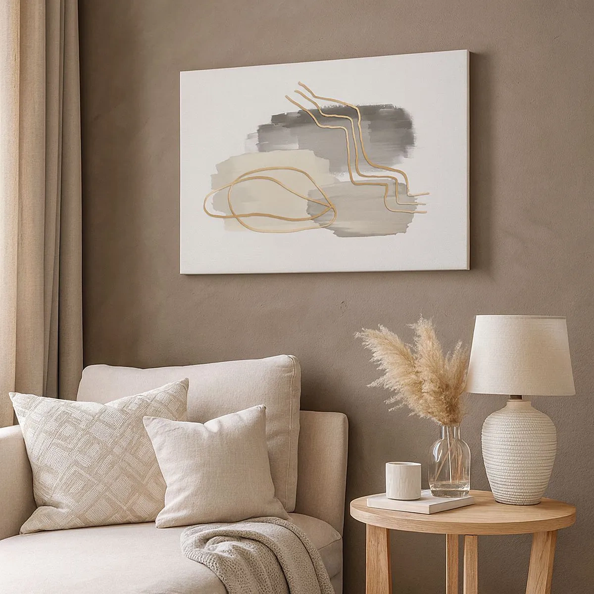 Tablou pe pânză Canvas - Linii aurii abstracte pe un fundal gri - 70x50cm - Persistență și mișcare - Decorațiune modernă pentru perete pentru living și dormitor ARTTOR