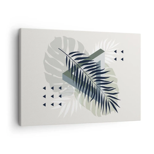 Tablou pe pânză Canvas - Compoziție geometrică cu frunze tropicale în nuanțe de verde - 70x50cm - Natura și geometria - două ordine? - Decorațiune modernă pentru perete pentru living și dormitor ARTTOR