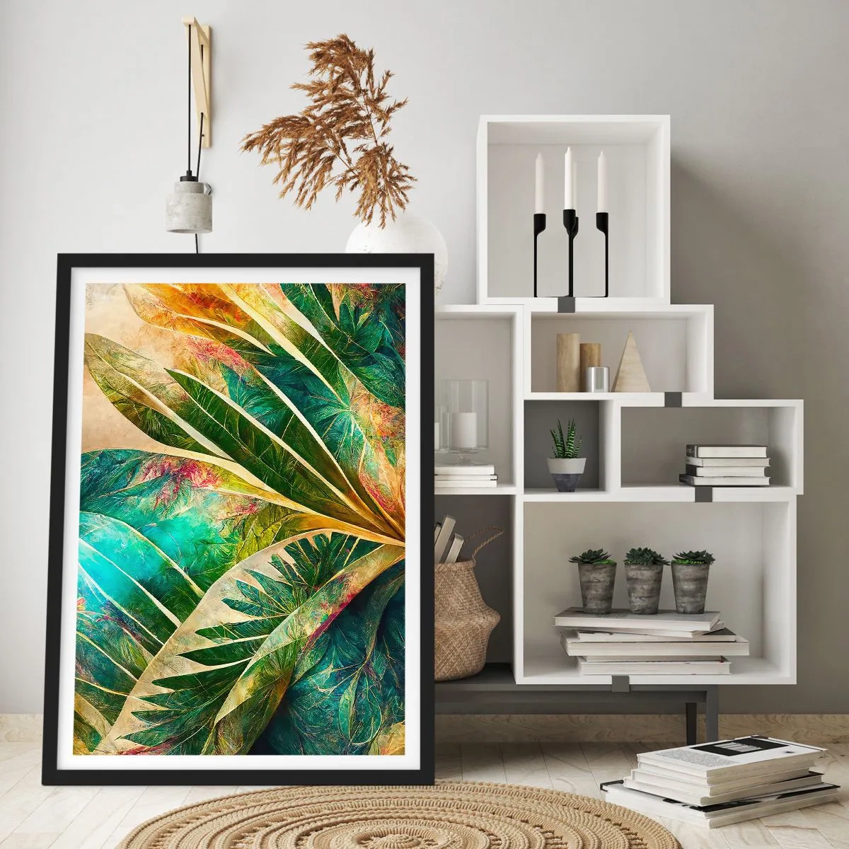 Poster în ramă neagră - O compoziție cu frunze în tonuri de verde și auriu - 50x70cm - Culorile tropicelor - Decorațiune modernă pentru perete pentru living și dormitor ARTTOR