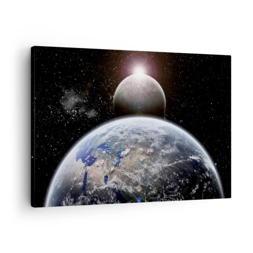 Tablou pe pânză Canvas - Planeta Pământ și Luna pe fundalul spațiului cosmic înstelat. - 70x50cm - Peisaj cosmic - răsărit de soare - Decorațiune modernă pentru perete pentru living și dormitor ARTTOR