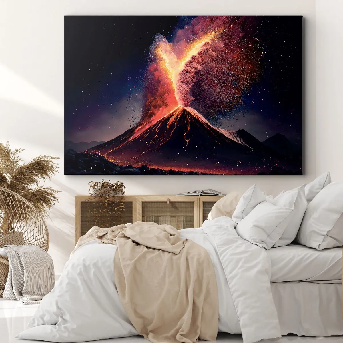 Tablou pe pânză Canvas - O erupție vulcanică unică noaptea, cu culori dinamice. - 70x50cm - Frumusețe și groază - Decorațiune modernă pentru perete pentru living și dormitor ARTTOR