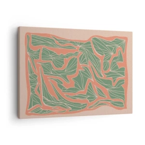 Tablou pe pânză Canvas - Un model vegetal în nuanțe de verde și portocaliu - 70x50cm - Lupta dintre coral și verde - Decorațiune modernă pentru perete pentru living și dormitor ARTTOR