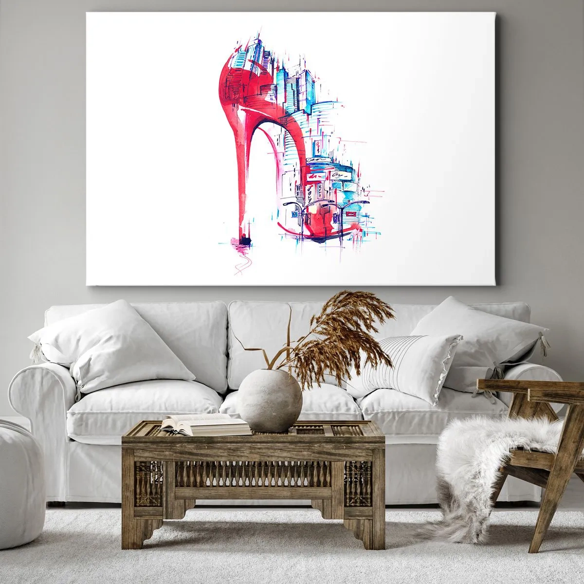 Tablou pe pânză Canvas - Toc stiletto roșu abstract cu detalii urbane - 70x50cm - Eleganta din marele oraș - Decorațiune modernă pentru perete pentru living și dormitor ARTTOR