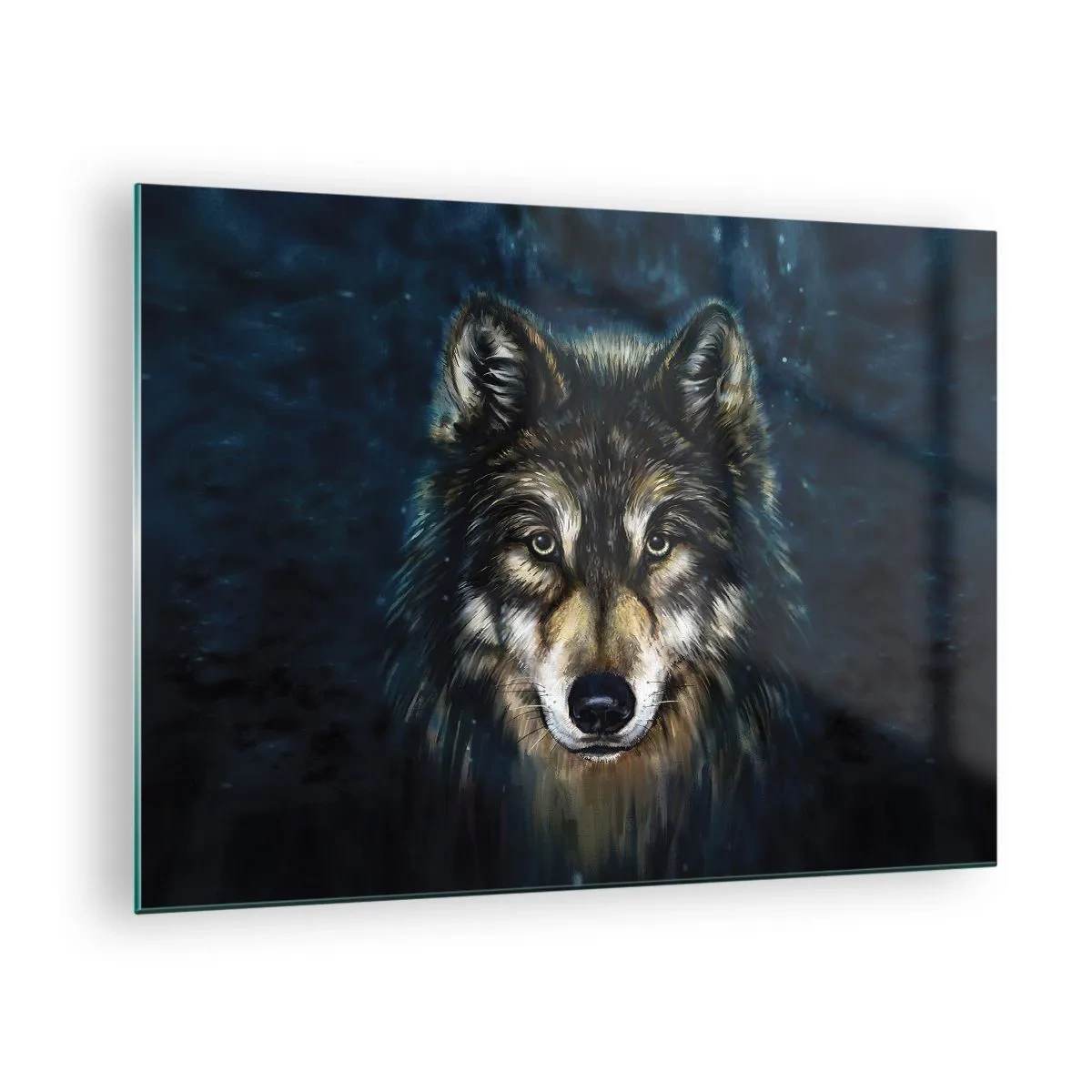 Tablou pe sticlă - Un lup pe un fundal întunecat de pădure, într-un stil realist. - 70x50cm - Alfa? Și omega - Decorațiune modernă pentru perete pentru living și dormitor ARTTOR
