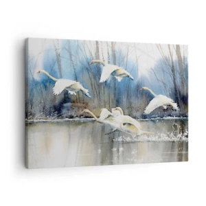 Tablou pe pânză Canvas - Lebede în zbor peste un lac înghețat într-un peisaj de iarnă - 70x50cm - Dansând cu lebedele sălbatice - Decorațiune modernă pentru perete pentru living și dormitor ARTTOR