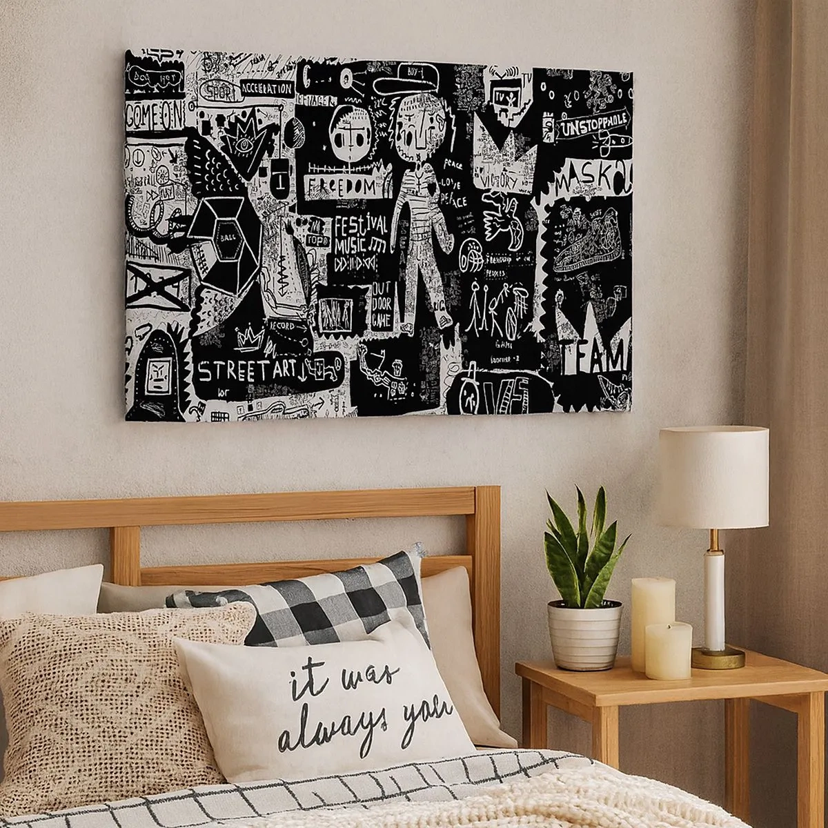 Tablou pe pânză Canvas - Colaj alb-negru inspirat de arta stradală - 70x50cm - Tinerețea duhovnicească a legii și a bucuriei - Decorațiune modernă pentru perete pentru living și dormitor ARTTOR