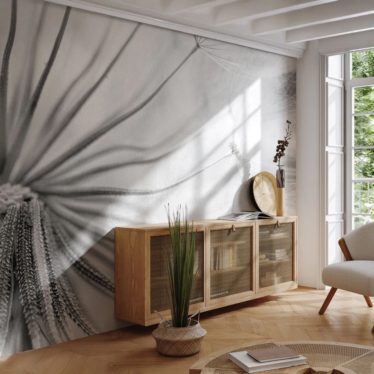 Tapet Standard Eco - Fotografie macro a unei păpădii în alb și negru - 100x70cm - Suflarea zmeilor - Decorațiune modernă pentru perete pentru living și dormitor ARTTOR