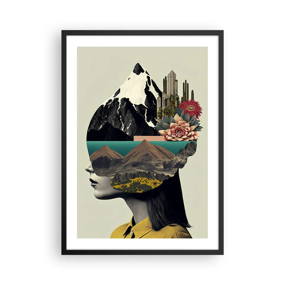 Poster în ramă neagră - O femeie cu un peisaj suprarealist în mintea ei - 50x70cm - Femeia - întotdeauna un mister - Decorațiune modernă pentru perete pentru living și dormitor ARTTOR