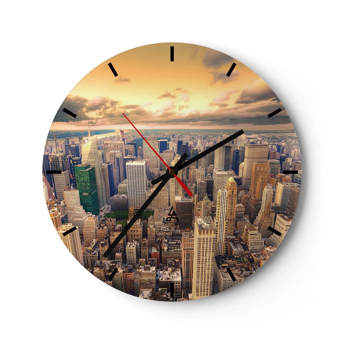 Ceas de perete - Ceas pe sticlă - Panoramă a orașului la apus în nuanțe calde - 30x30cm - O metropolă aurită - Decorațiune modernă pentru perete pentru living, bucătărie și dormitor ARTTOR