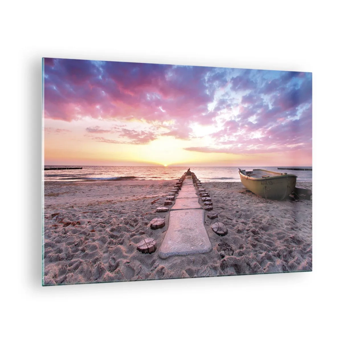 Tablou pe sticlă - Plajă apus de soare cu barcă și dig - 70x50cm - Un moment de experiență profundă - Decorațiune modernă pentru perete pentru living și dormitor ARTTOR