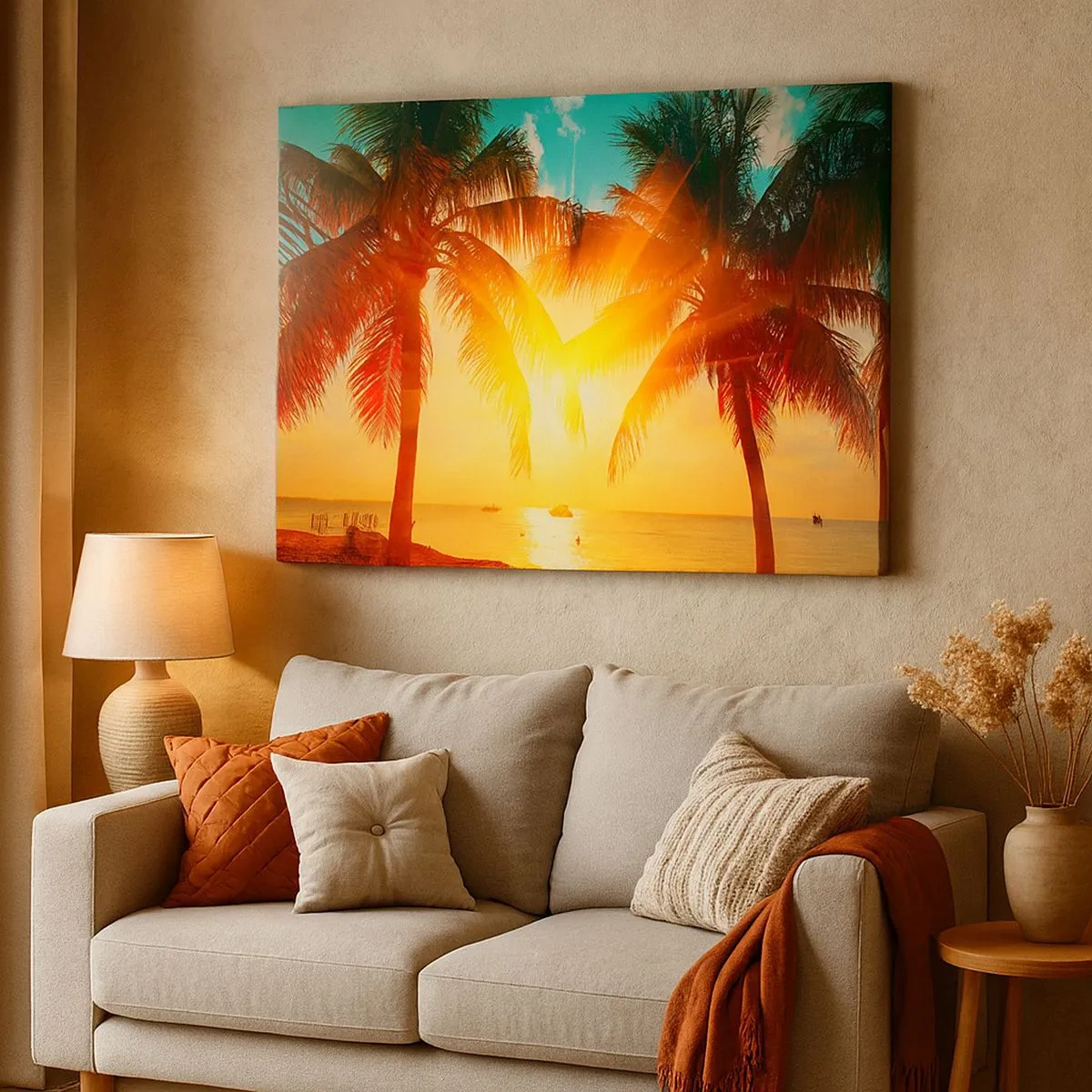 Tablou pe pânză Canvas - Palmieri iluminați de lumina caldă a soarelui apus - 70x50cm - Cuplu exotic - Decorațiune modernă pentru perete pentru living și dormitor ARTTOR
