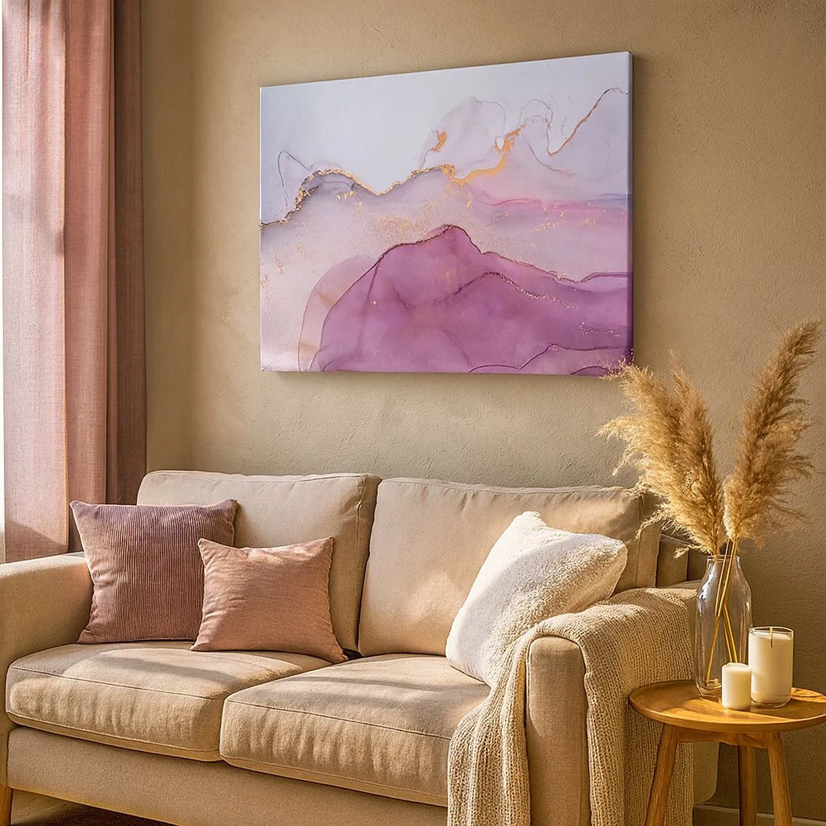 Tablou pe pânză Canvas - O compoziție abstractă în nuanțe de violet și auriu. - 70x50cm - Valuri de liliac și violet - Decorațiune modernă pentru perete pentru living și dormitor ARTTOR