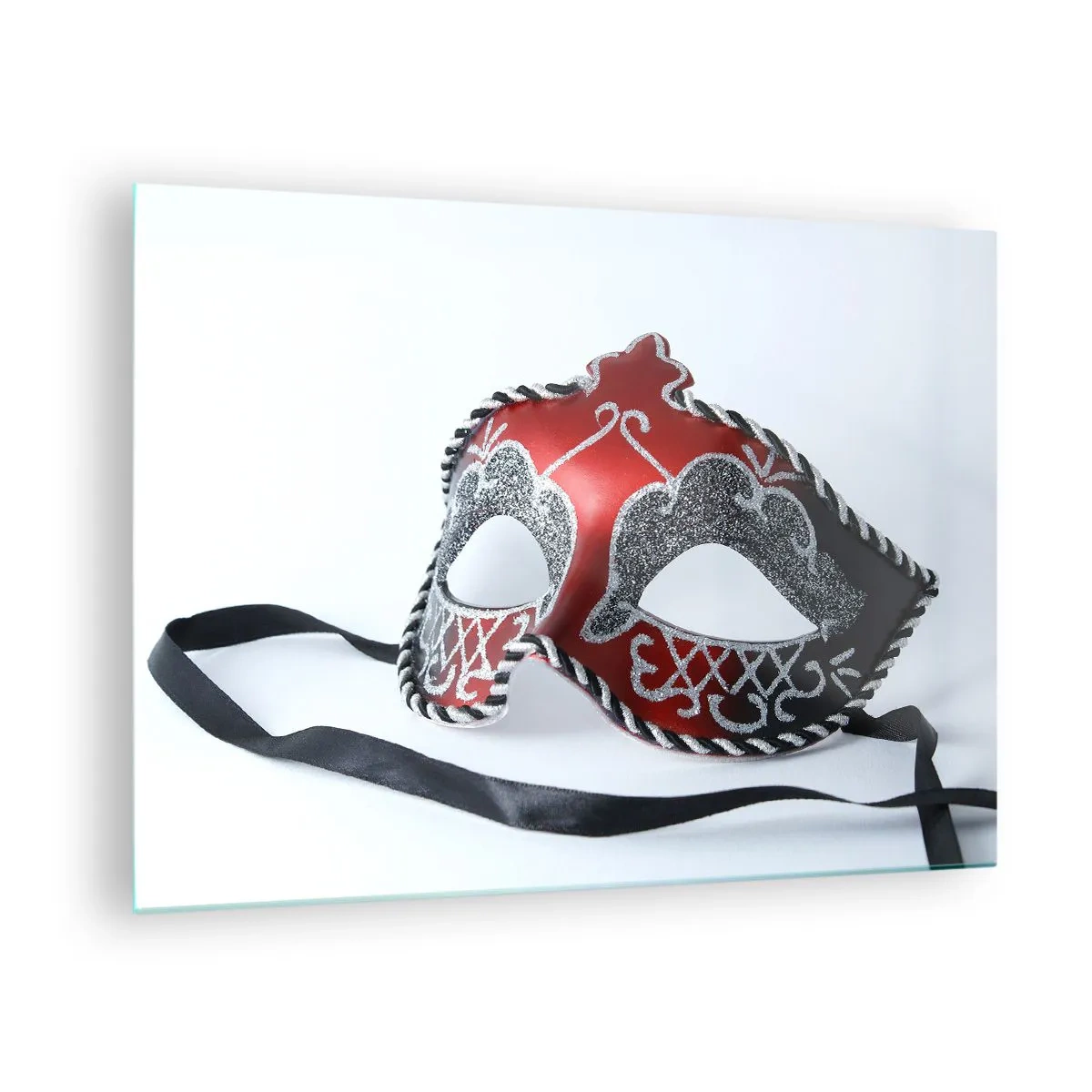 Tablou pe sticlă - Mască de carnaval în roșu și argintiu - 70x50cm - Invitație la bal - Decorațiune modernă pentru perete pentru living și dormitor ARTTOR