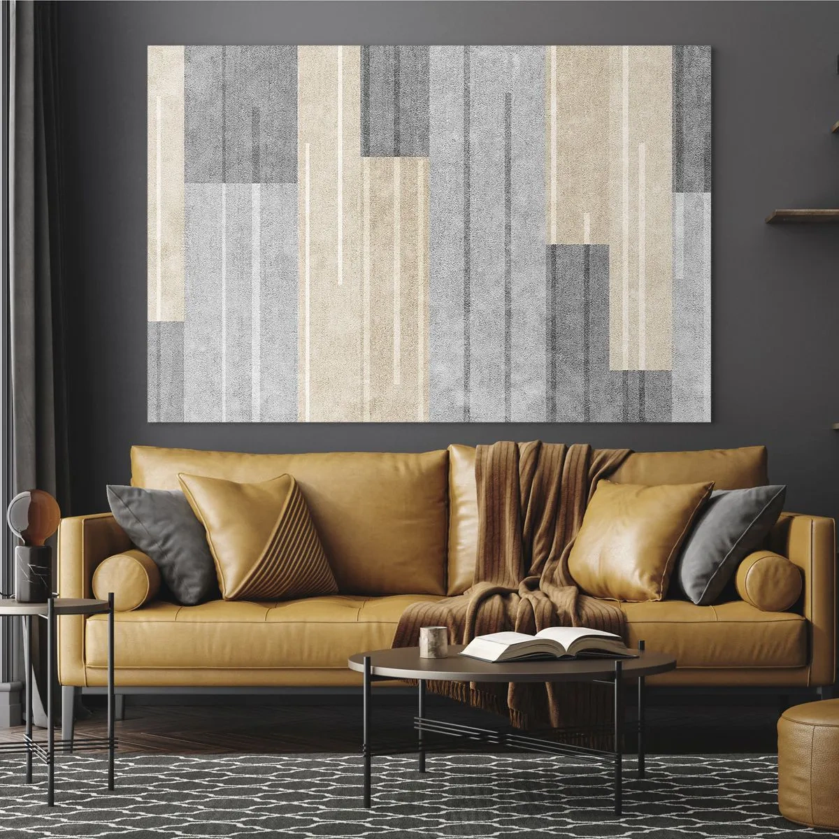 Tablou pe sticlă - Dungi geometrice în nuanțe de gri și bej - 70x50cm - Compoziție: în poziție verticală - Decorațiune modernă pentru perete pentru living și dormitor ARTTOR