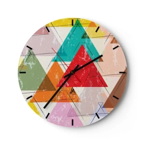 Ceas de perete - Ceas pe sticlă - Triunghiuri colorate într-un stil geometric cu efect învechit - 30x30cm - Trei câte trei - Decorațiune modernă pentru perete pentru living, bucătărie și dormitor ARTTOR