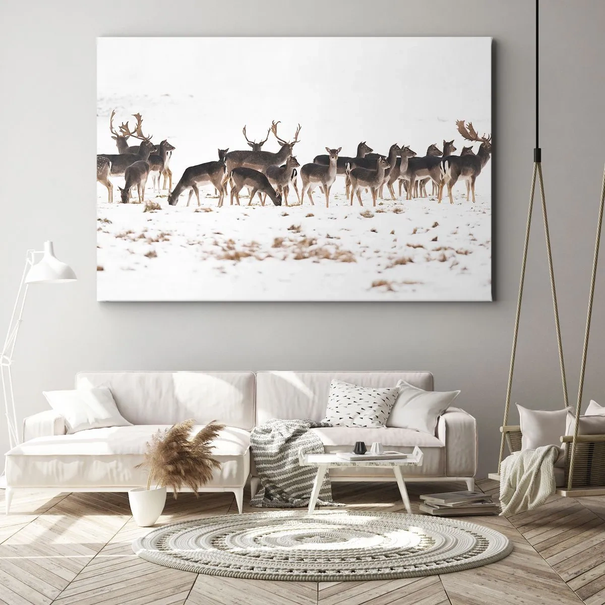 Tablou pe pânză Canvas - O turmă de căprioare pe un fundal înzăpezit - 70x50cm - Vine Crăciunul? - Decorațiune modernă pentru perete pentru living și dormitor ARTTOR