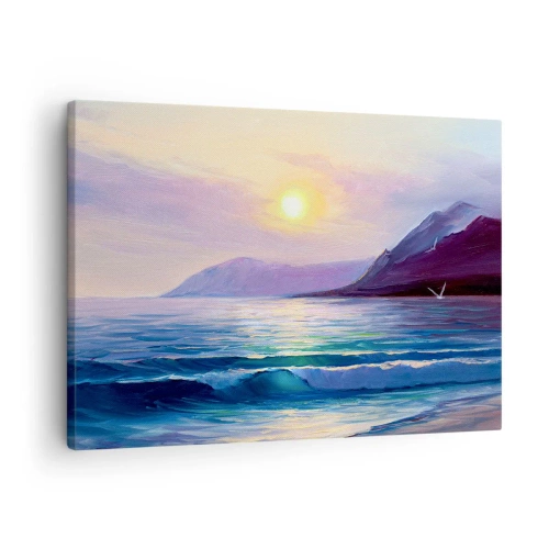 Tablou pe pânză Canvas - Un peisaj marin pitoresc la apus, cu valuri și munți - 70x50cm - Cristale de apă și aer - Decorațiune modernă pentru perete pentru living și dormitor ARTTOR