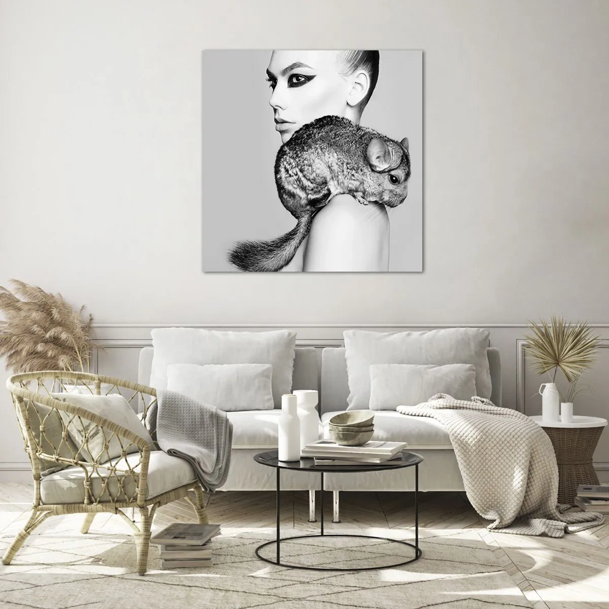 Tablou pe sticlă - Dama cu șinșilă - 70x70 cm