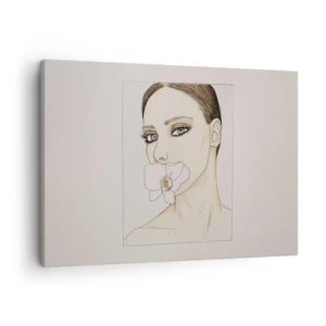 Tablou pe pânză Canvas - Portretul unei femei cu o orhidee în culori delicate - 70x50cm - Un simbol al eleganței și frumuseții - Decorațiune modernă pentru perete pentru living și dormitor ARTTOR