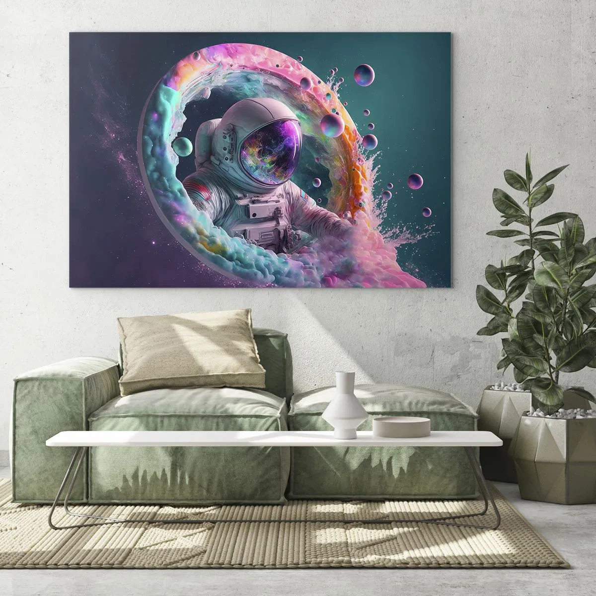 Tablou pe sticlă - Astronautul în spațiul colorat - 70x50cm - Poarta stelară - Decorațiune modernă pentru perete pentru living și dormitor ARTTOR