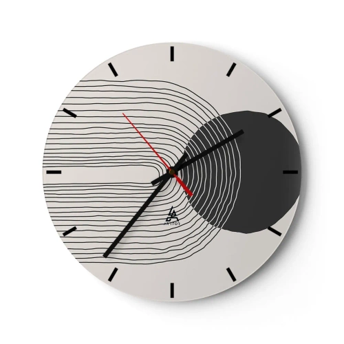 Ceas de perete - Ceas pe sticlă - Linii abstracte și un cerc negru pe un fundal deschis într-o compoziție grafică - 30x30cm - Tremurând și încrezător - Decorațiune modernă pentru perete pentru living, bucătărie și dormitor ARTTOR