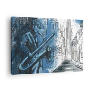 Tablou pe pânză Canvas - figură cântând la saxofon pe fundalul unui oraș - 70x50cm - Rapsodie urbană - Decorațiune modernă pentru perete pentru living și dormitor ARTTOR
