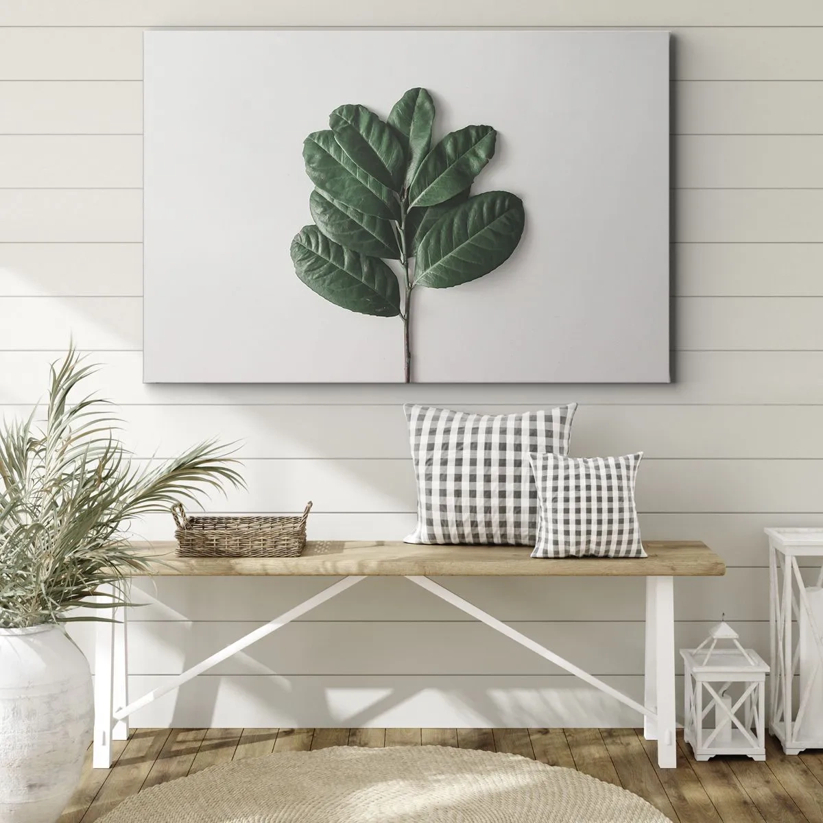 Tablou pe pânză Canvas - O crenguță de frunze verzi pe un fundal deschis - 70x50cm - Desenul naturii însăși - Decorațiune modernă pentru perete pentru living și dormitor ARTTOR