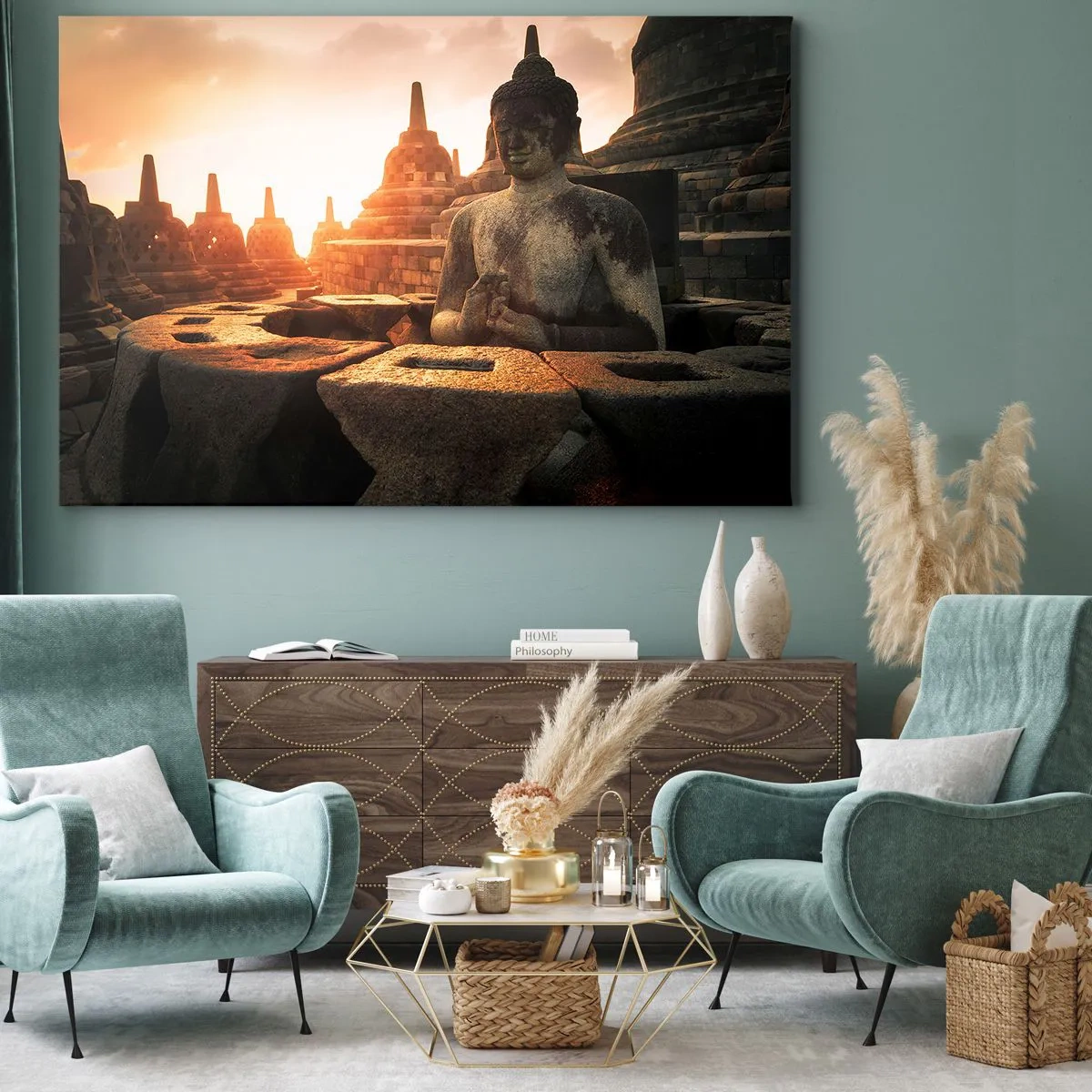 Tablou pe pânză Canvas - Statuia lui Buddha la Templul Borobudur la apus - 70x50cm - Vreme de mare înțelepciune - Decorațiune modernă pentru perete pentru living și dormitor ARTTOR