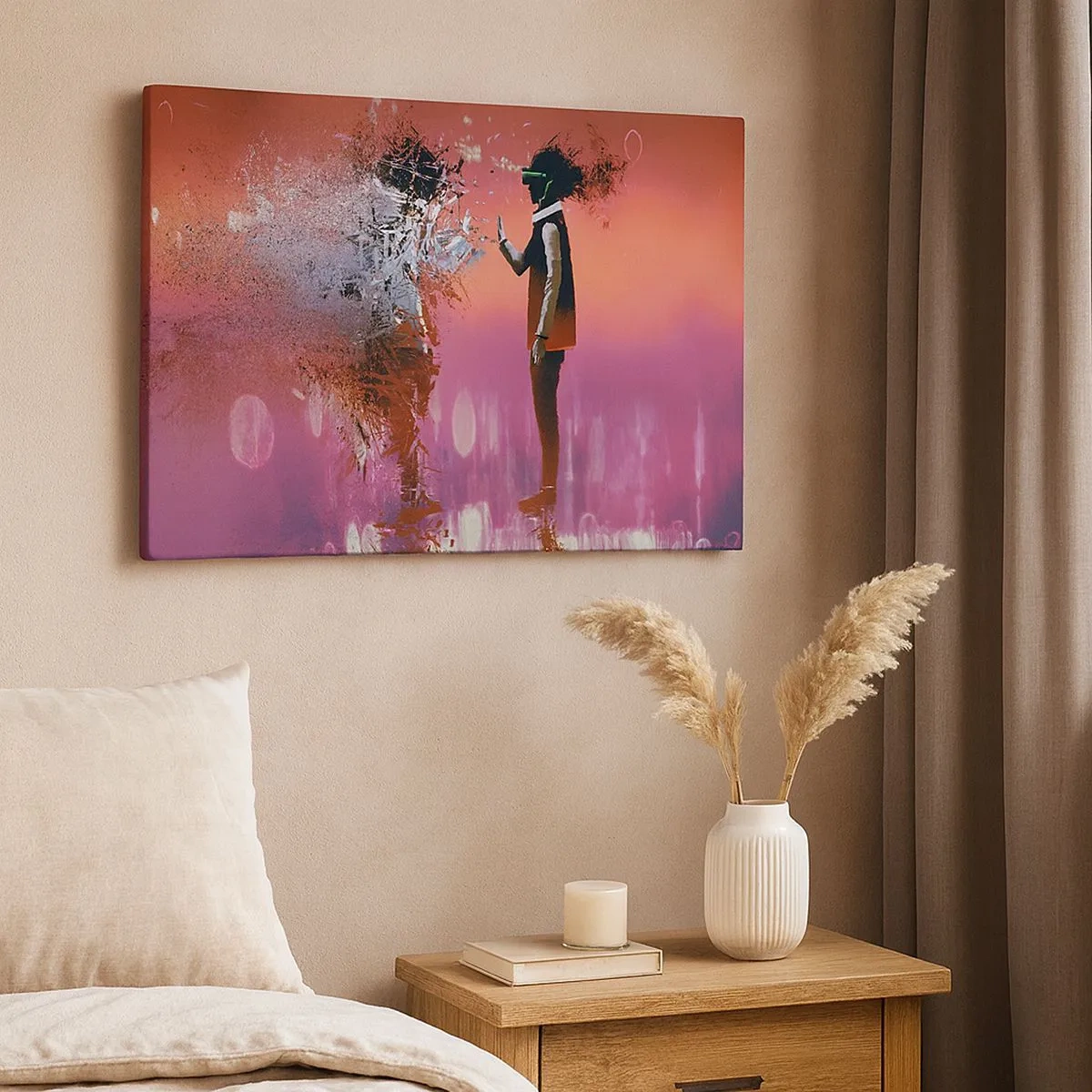 Tablou pe pânză Canvas - O scenă abstractă cu o figură futuristă și elemente împrăștiate. - 70x50cm - Este posibil să privești în interiorul tău? - Decorațiune modernă pentru perete pentru living și dormitor ARTTOR