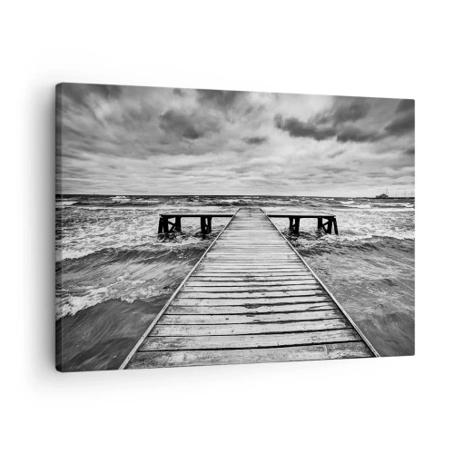 Tablou pe pânză Canvas - O vedere alb-negru a unui debarcader din lemn deasupra unei mări furtunoase. - 70x50cm - Aștept ca vântul să fugărească... - Decorațiune modernă pentru perete pentru living și dormitor ARTTOR