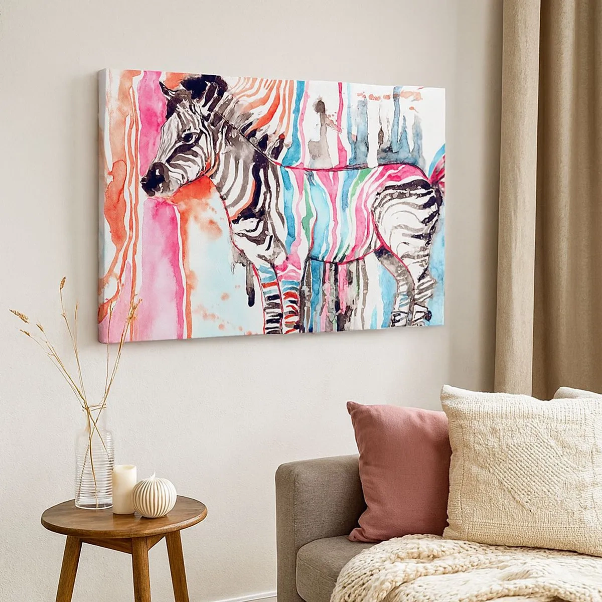 Tablou pe pânză Canvas - O zebră colorată pe un fundal de modele abstracte în acuarelă - 70x50cm - O glumă inocentă a naturii - Decorațiune modernă pentru perete pentru living și dormitor ARTTOR