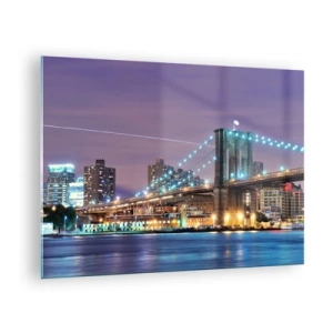 Tablou pe sticlă - Podul Brooklyn noaptea cu turnurile și orașul iluminate - 70x50cm - De mulți ani, Podul Brooklyn - Decorațiune modernă pentru perete pentru living și dormitor ARTTOR