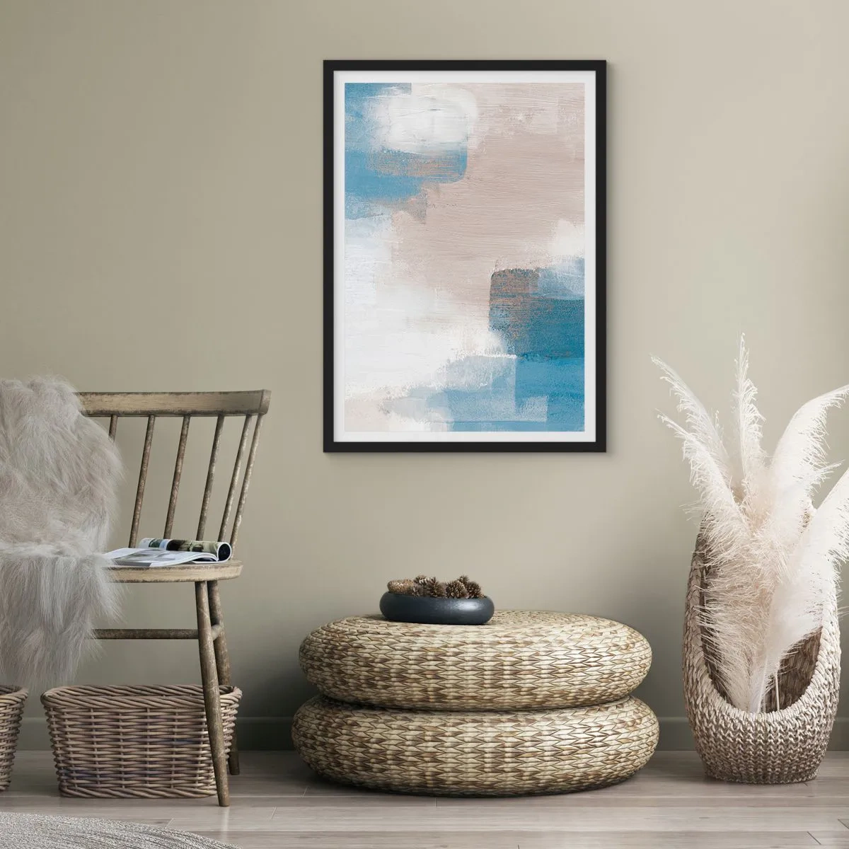 Poster în ramă neagră - Compoziție abstractă în nuanțe de albastru și bej - 50x70cm - Abstracție roz în spatele unui voal de albastru - Decorațiune modernă pentru perete pentru living și dormitor ARTTOR