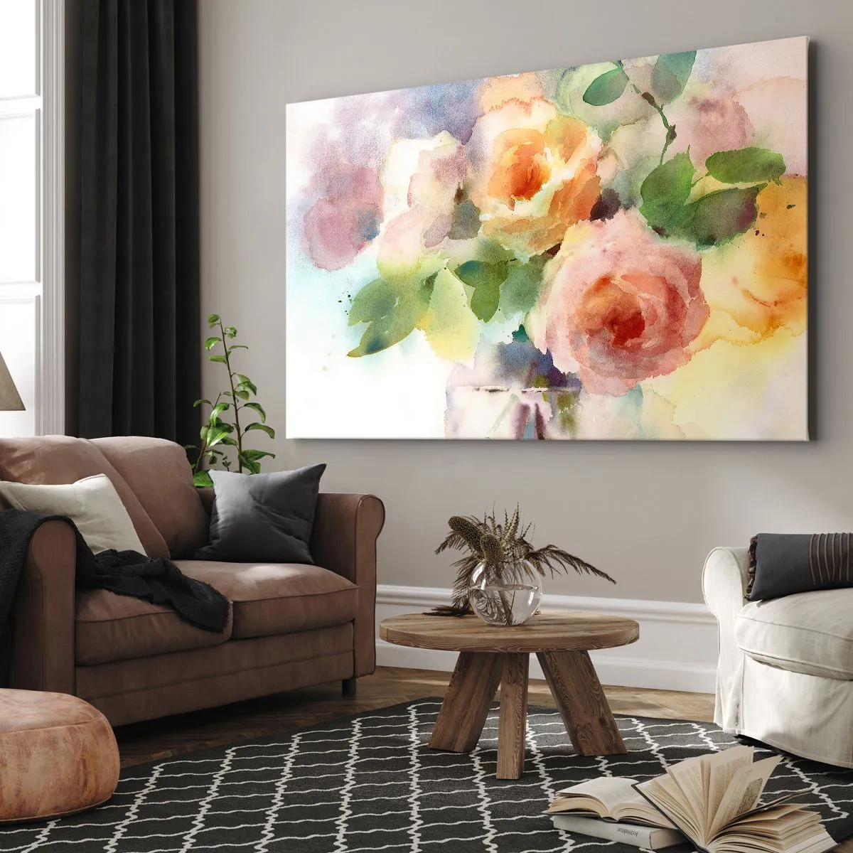 Tablou pe pânză Canvas - Trandafiri delicați în stil acuarelă pe un fundal deschis - 70x50cm - Delicat ca o acuarelă - Decorațiune modernă pentru perete pentru living și dormitor ARTTOR