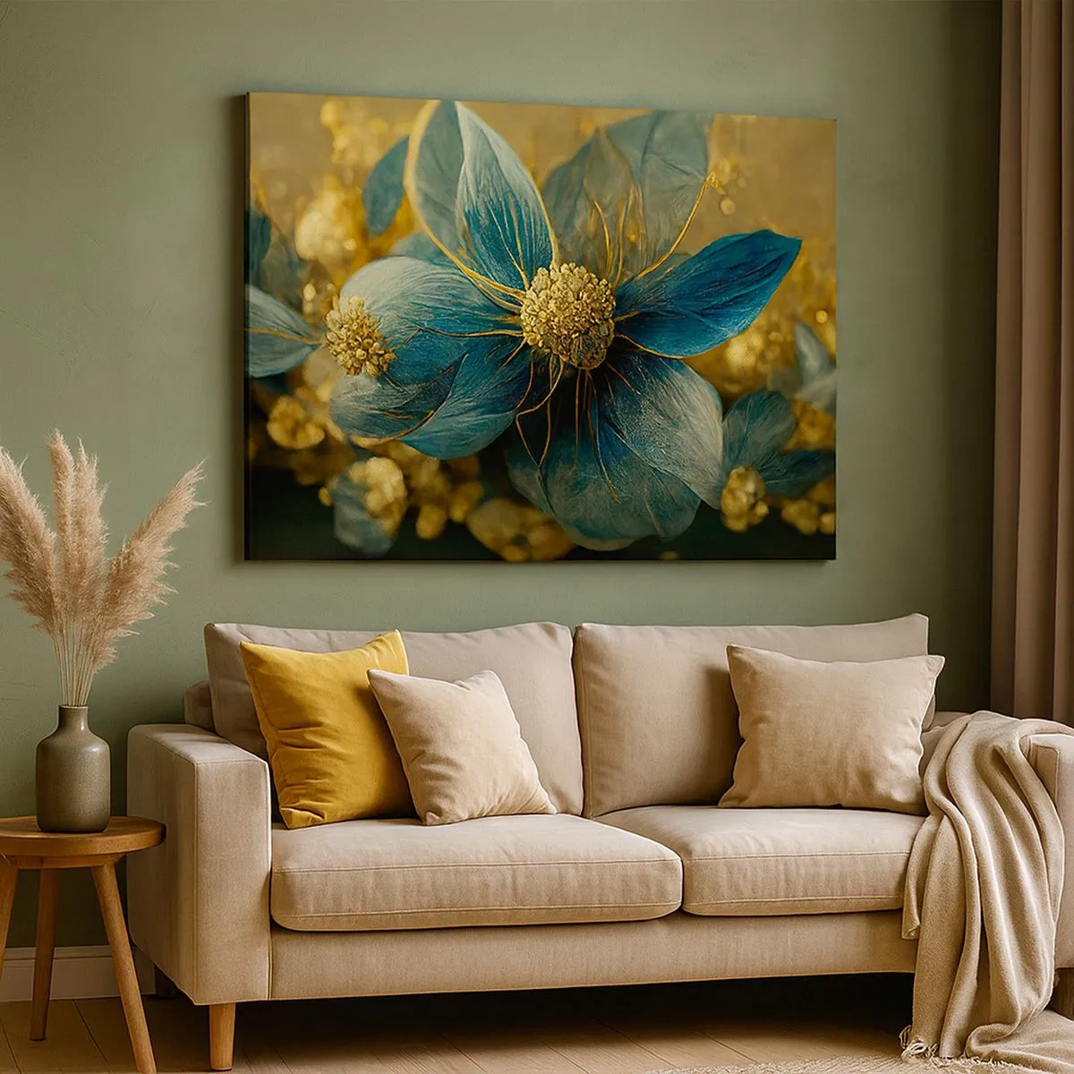 Tablou pe pânză Canvas - Flori elegante în nuanțe de albastru și auriu - 70x50cm - Floare cu aur - Decorațiune modernă pentru perete pentru living și dormitor ARTTOR