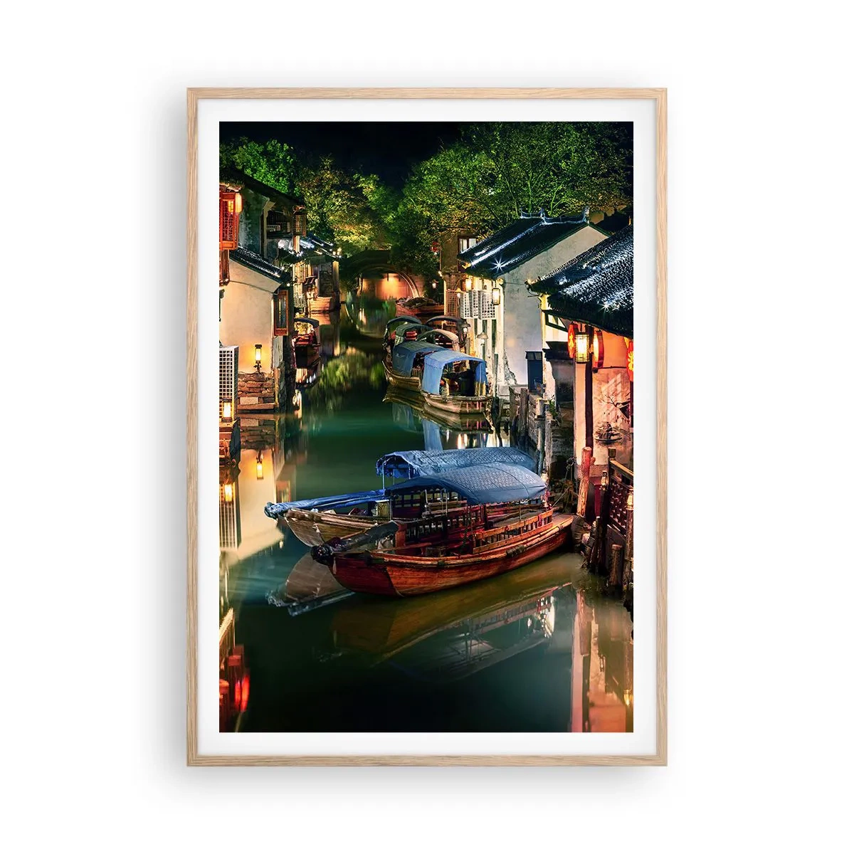 Poster în ramă de stejar deschis - O seară pe o stradă chinezească - 70x100 cm