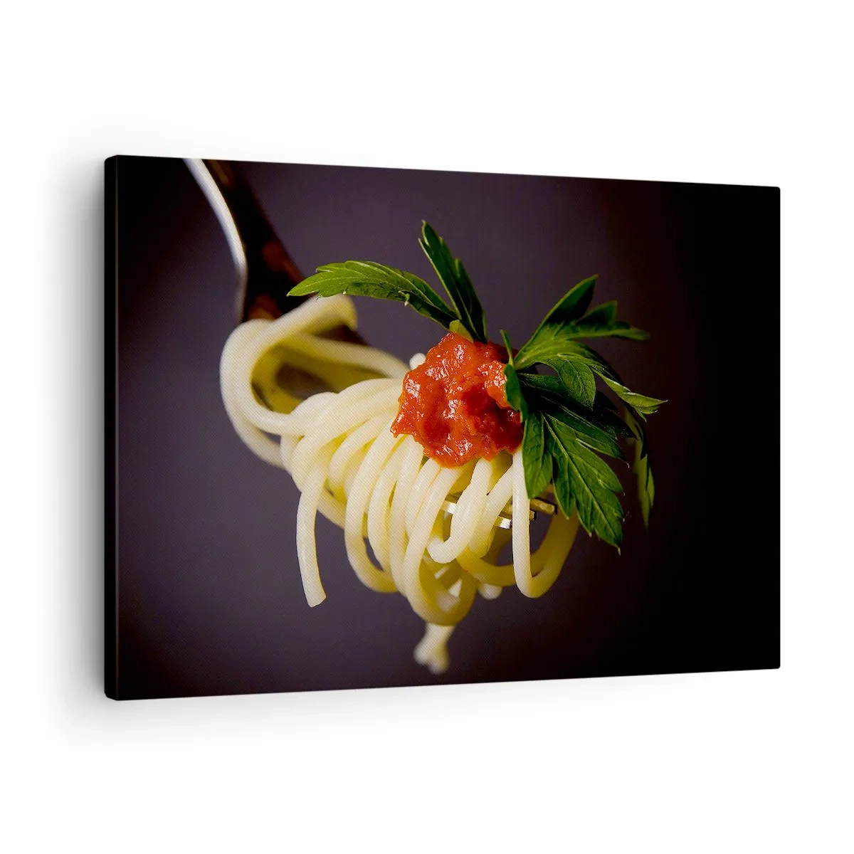 Tablou pe pânză Canvas - Paste spaghete la furculiță cu sos de roșii și pătrunjel - 70x50cm - Mușcătură gustoasă - Decorațiune modernă pentru perete pentru living și dormitor ARTTOR