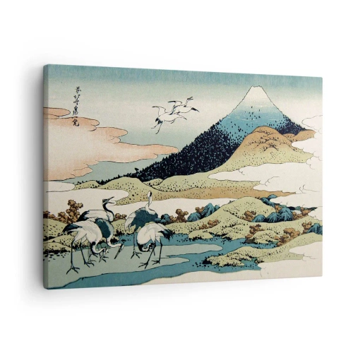 Tablou pe pânză Canvas - Grafică tradițională japoneză cu munți și macarale - 70x50cm - În mod japonez - Decorațiune modernă pentru perete pentru living și dormitor ARTTOR