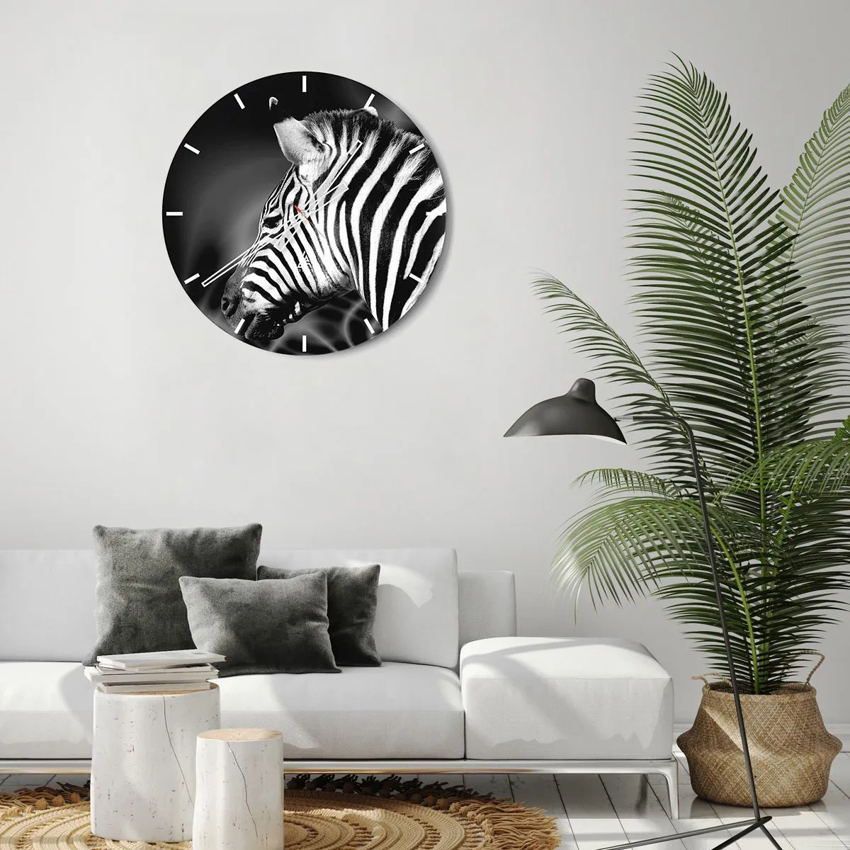 Ceas de perete - Ceas pe sticlă - Prim-plan alb-negru al unei zebre pe un fundal contrastant - 30x30cm - Albul e alb și negrul e negru - Decorațiune modernă pentru perete pentru living, bucătărie și dormitor ARTTOR