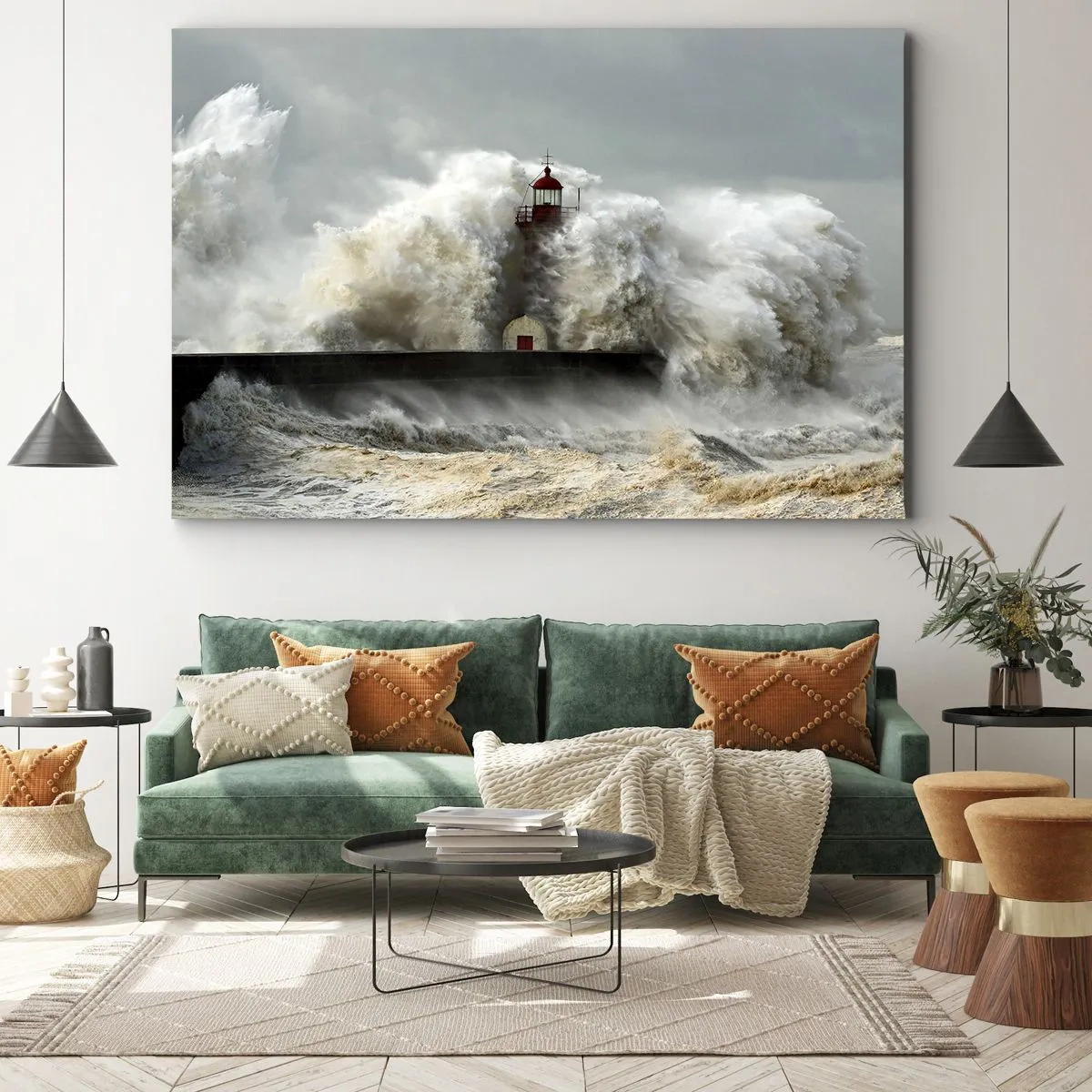 Tablou pe pânză Canvas - Un far înconjurat de valuri agitate în timpul unei furtuni - 70x50cm - Mânia oceanului - Decorațiune modernă pentru perete pentru living și dormitor ARTTOR