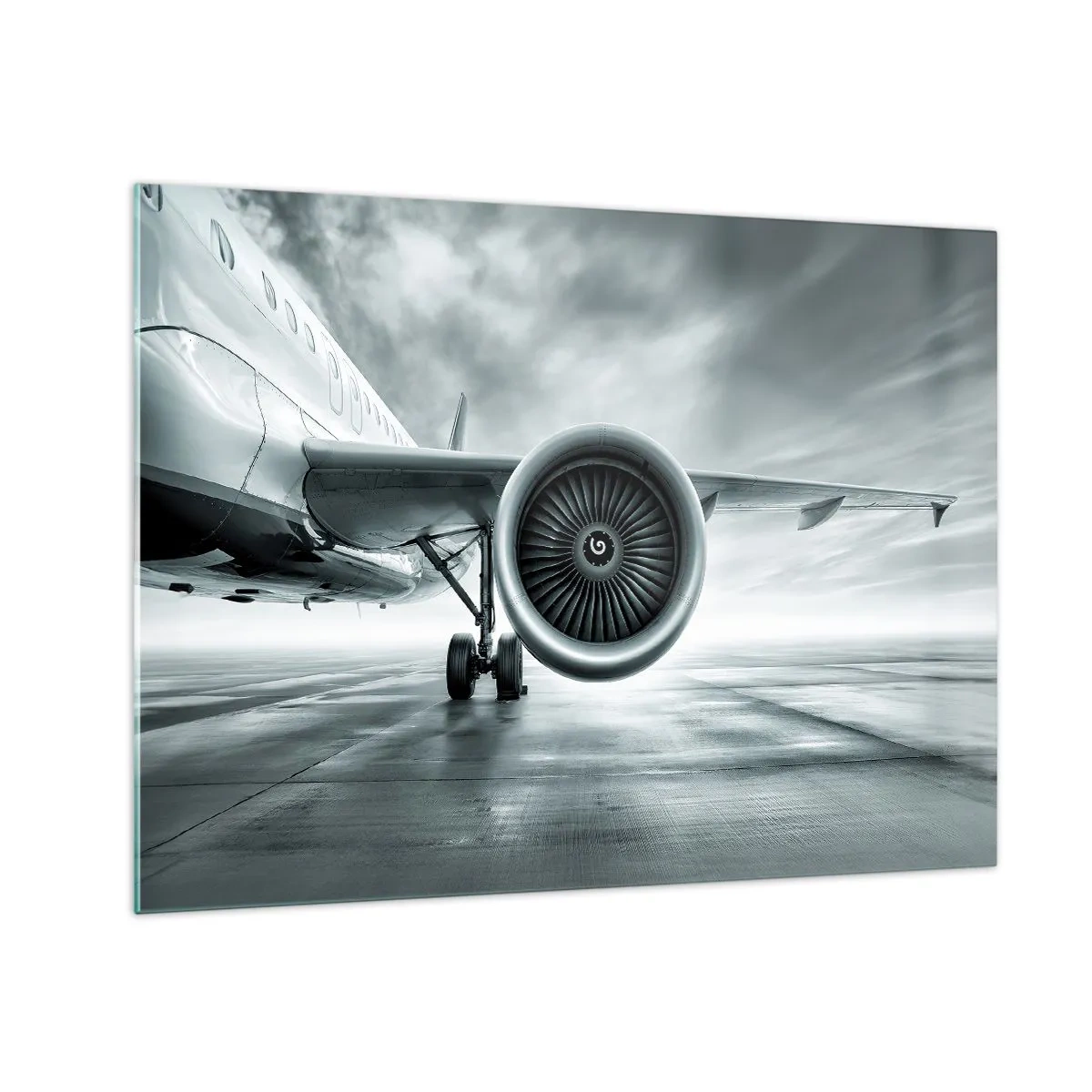 Tablou pe sticlă - Turbina unui avion de pasageri pe pistă în zori - 70x50cm - Ce putere! - Decorațiune modernă pentru perete pentru living și dormitor ARTTOR