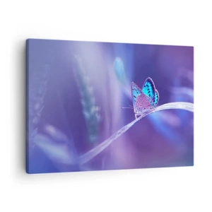 Tablou pe pânză Canvas - Un fluture albastru delicat pe o tulpină în lumină violetă - 70x50cm - O bijuterie a naturii - Decorațiune modernă pentru perete pentru living și dormitor ARTTOR
