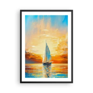 Poster în ramă neagră - O barcă cu pânze pe fundalul unui apus de soare auriu - 50x70cm - Navigare prin aur - Decorațiune modernă pentru perete pentru living și dormitor ARTTOR
