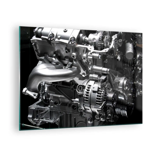 Tablou pe sticlă - Detalii ale unui motor metalic pe fundal negru - 70x50cm - De oțel, frumos, puternic - Decorațiune modernă pentru perete pentru living și dormitor ARTTOR