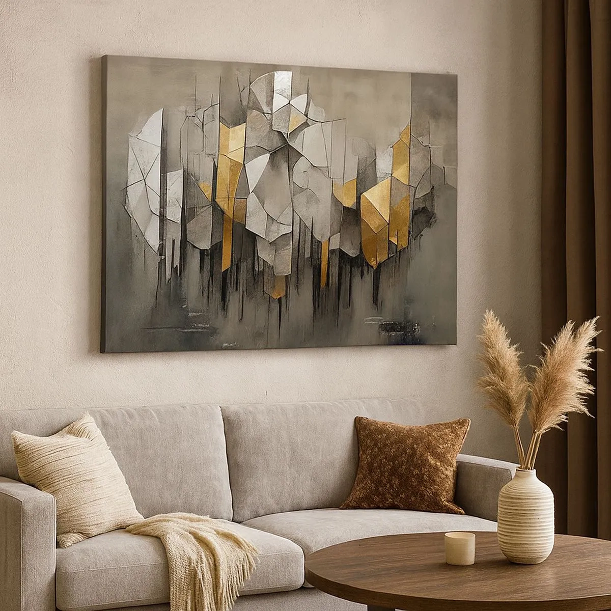 Tablou pe pânză Canvas - Abstracție geometrică în nuanțe de auriu și gri - 70x50cm - Compoziție de gheață și lumină - Decorațiune modernă pentru perete pentru living și dormitor ARTTOR