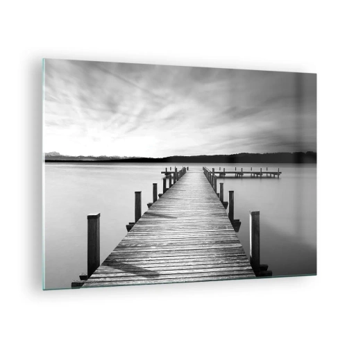 Tablou pe sticlă - Un debarcader din lemn duce în depărtare peste un lac liniștit - 70x50cm - La adăpostul apei - pace - Decorațiune modernă pentru perete pentru living și dormitor ARTTOR