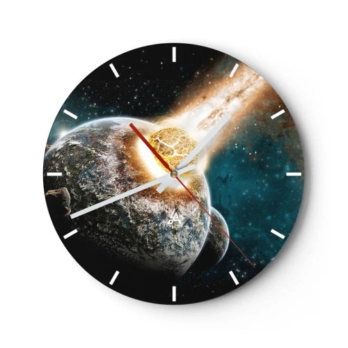 Ceas de perete - Ceas pe sticlă - Pământul și meteoritul într-o explozie cosmică - 30x30cm - Anihilare sau naștere? - Decorațiune modernă pentru perete pentru living, bucătărie și dormitor ARTTOR