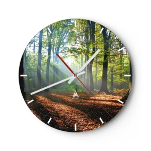 Ceas de perete - Ceas pe sticlă - Razele soarelui în pădurea de toamnă - 30x30cm - Străluciri și umbre - Decorațiune modernă pentru perete pentru living, bucătărie și dormitor ARTTOR