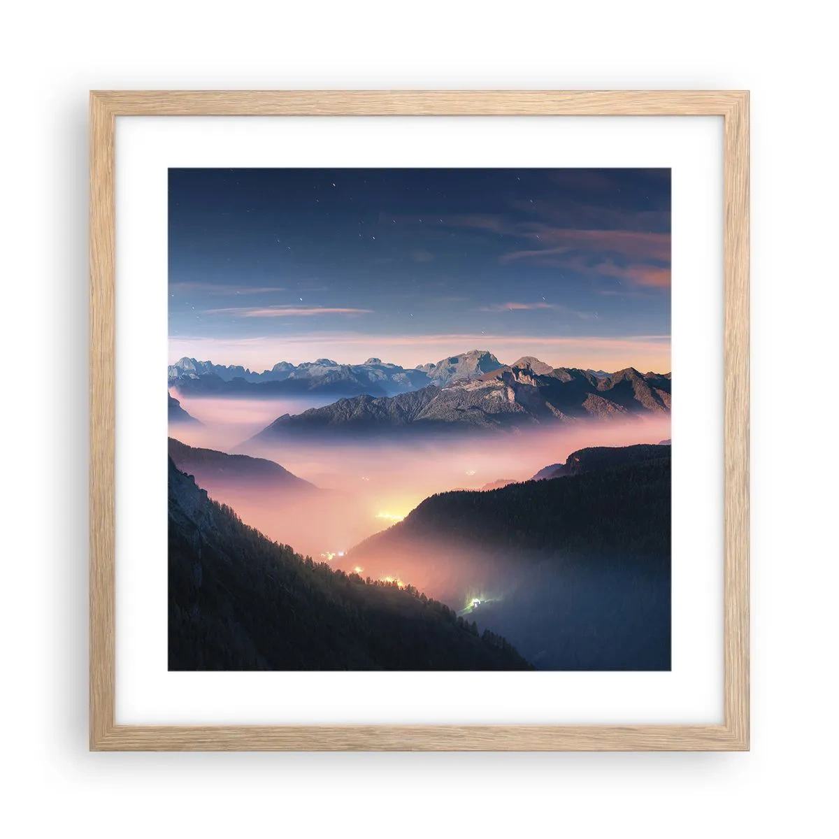 Poster în ramă de stejar deschis - Lumină în văi - 40x40 cm