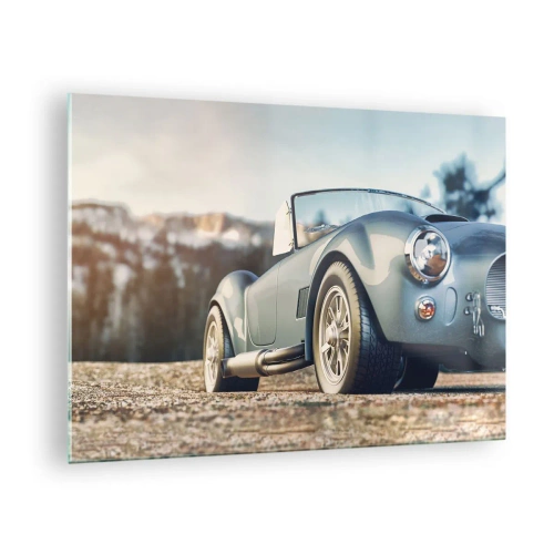 Tablou pe sticlă - O mașină sport cu munți în fundal - 70x50cm - Pentru că stilul contează - Decorațiune modernă pentru perete pentru living și dormitor ARTTOR